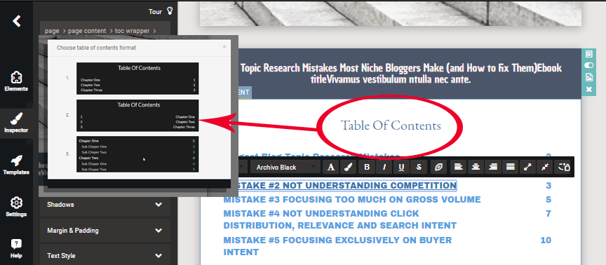 table of contents