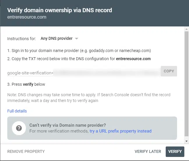 google search console verify domain