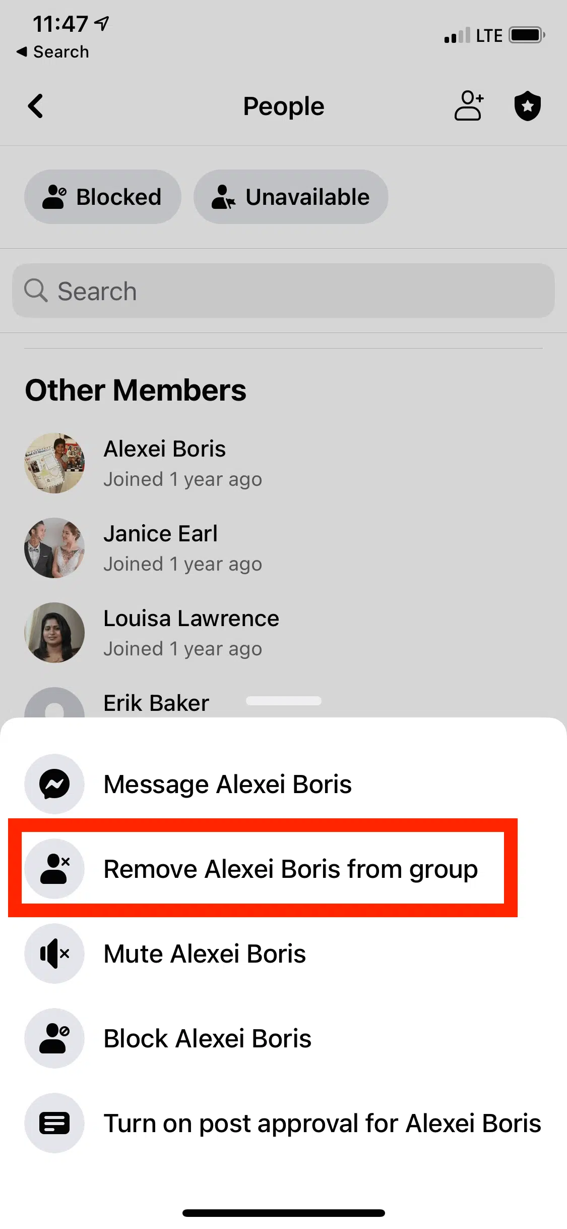 Remove FB members on mobile