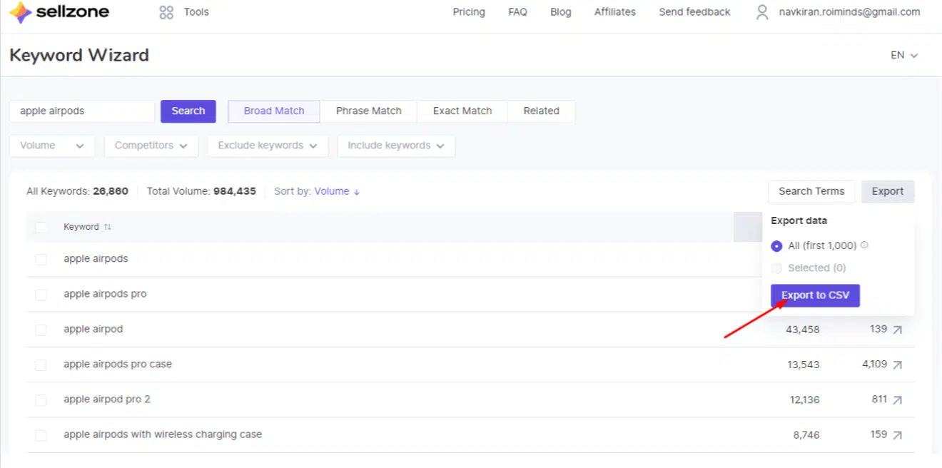 Sellzone Keyword Research Demo Related Keywords Volume Export CSV