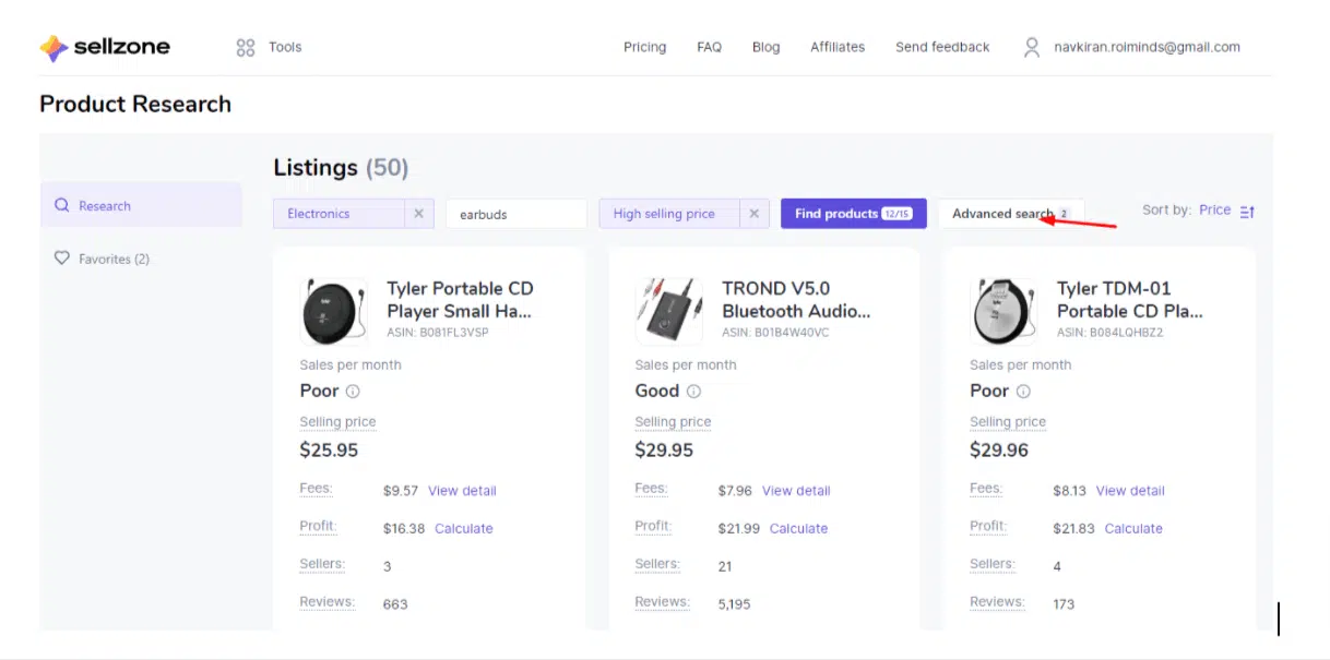 Sellzone Product Research Price Advanced Search
