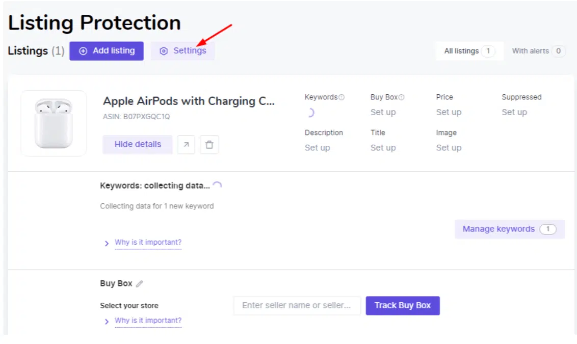 Sellzone Amazon Listing Protection Add Keywords Brands Settings
