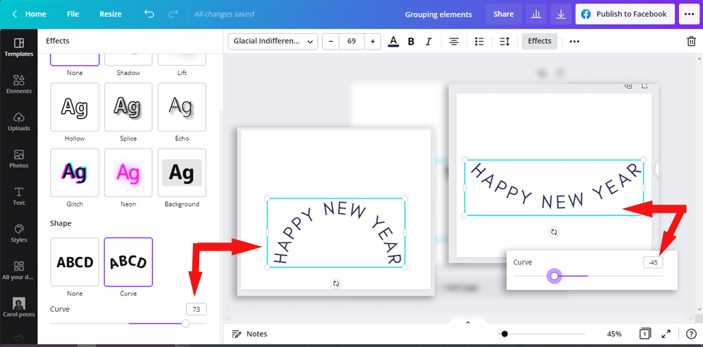 canva curved text slider