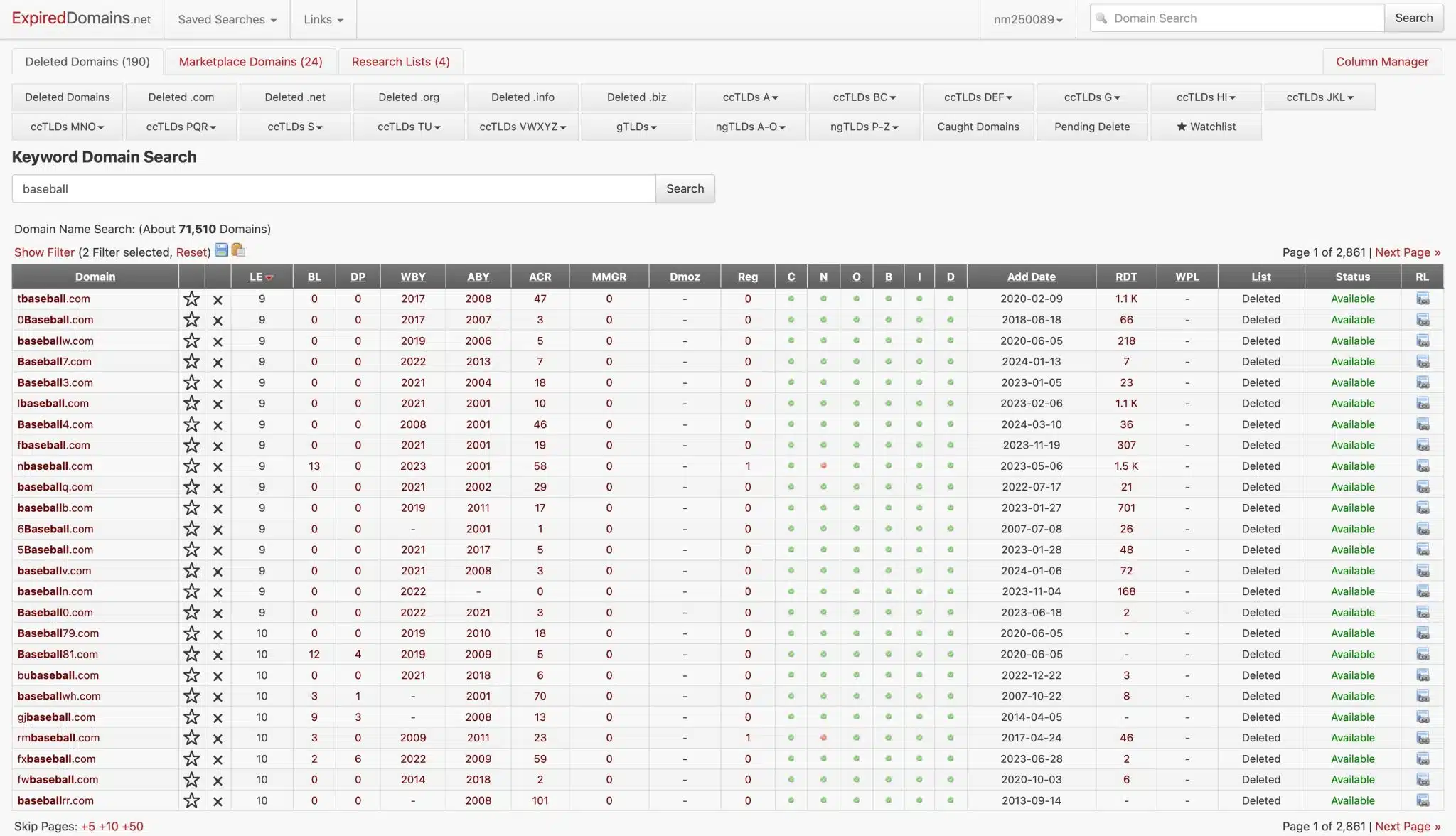 ExpiredDomain-Net Filter View Example