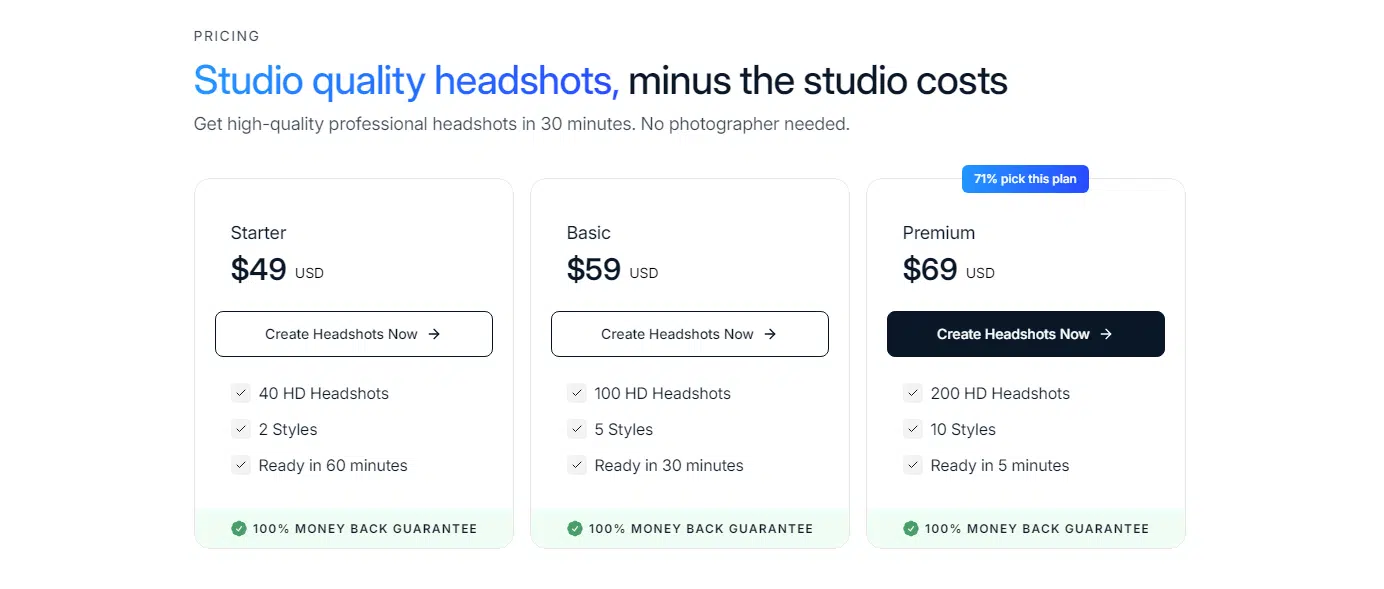 Instaheadshots pricing plan