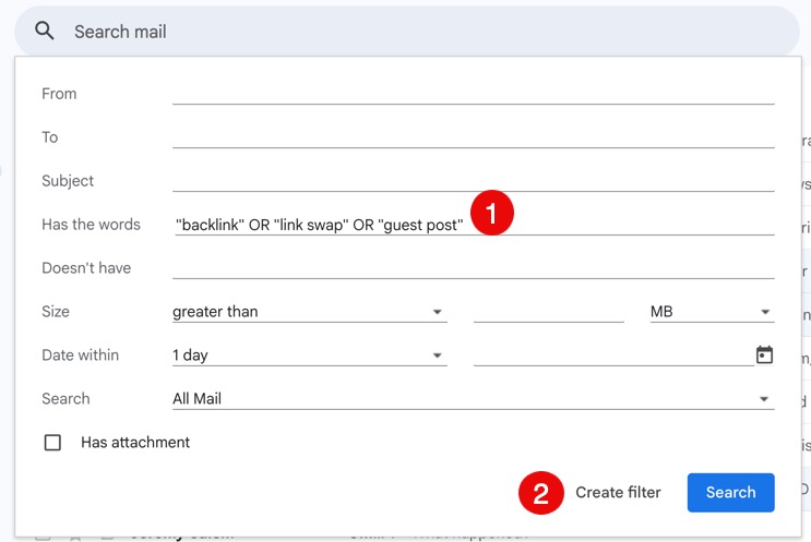 Gmail filter creation