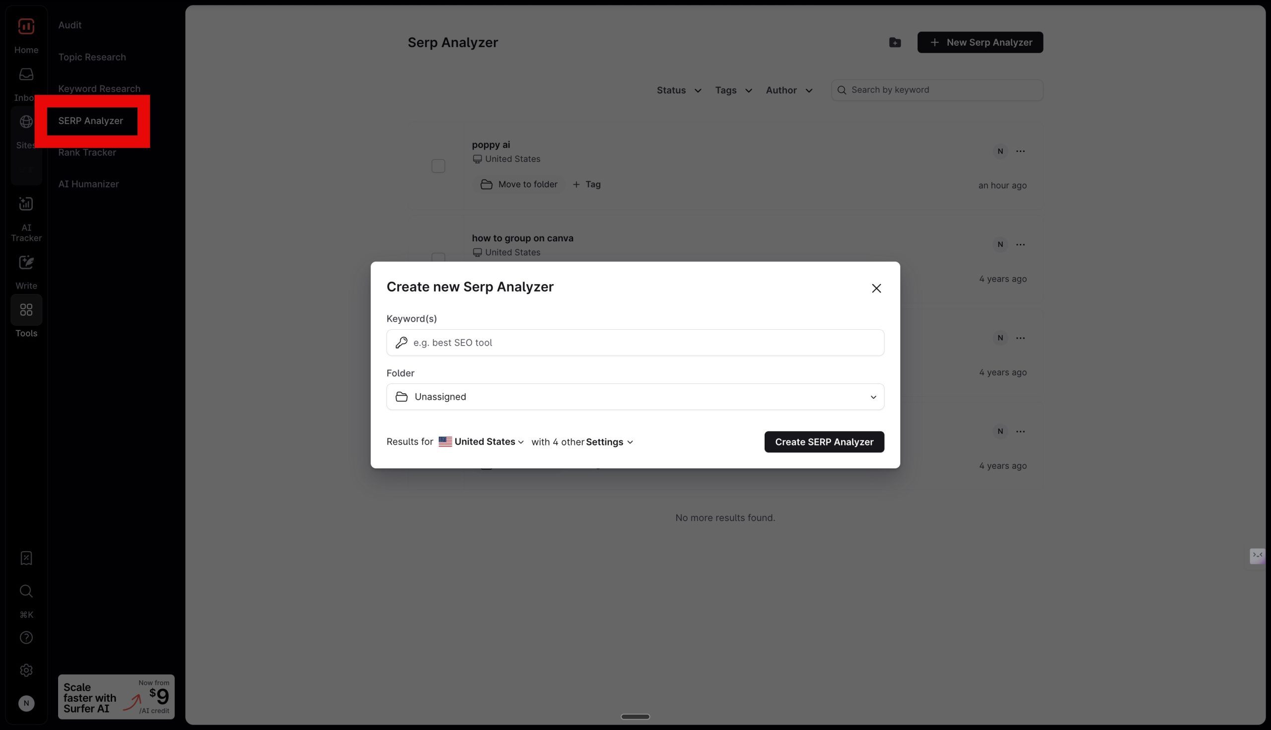 Surfer SEO Serp Analyzer