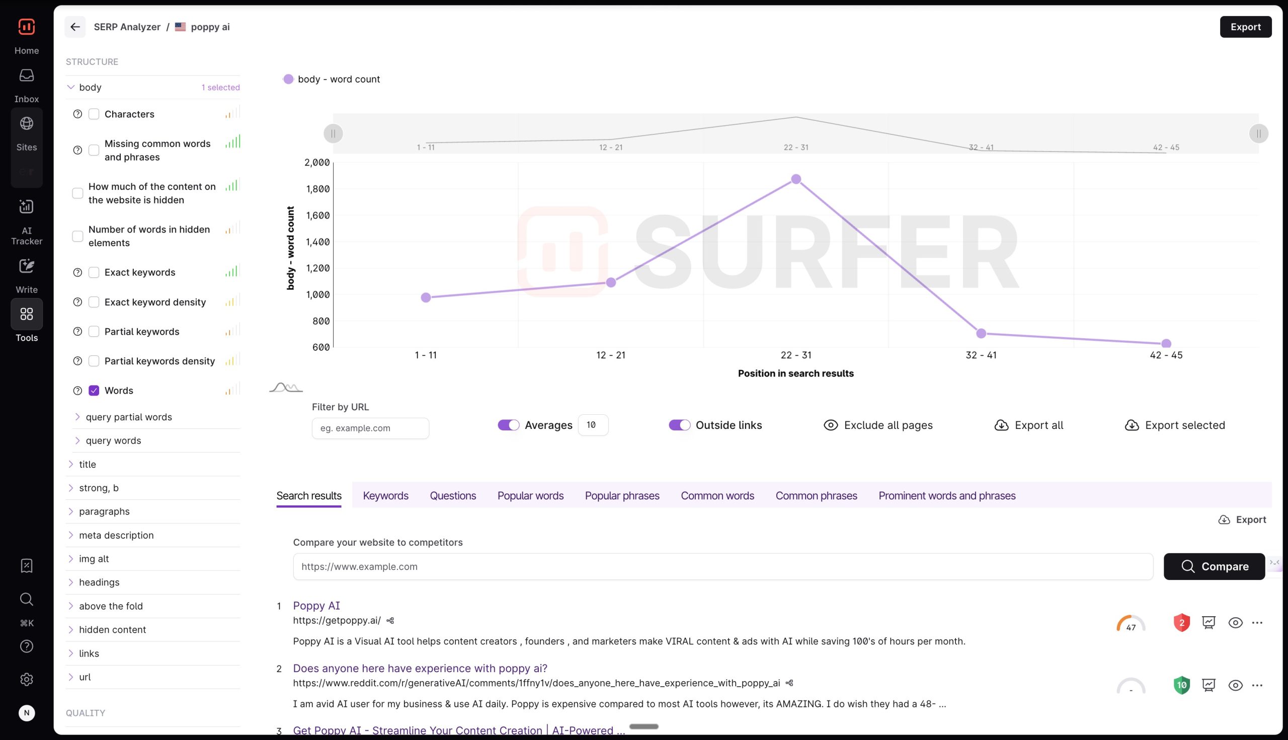 Surfer SEO SERP Analyzer Example