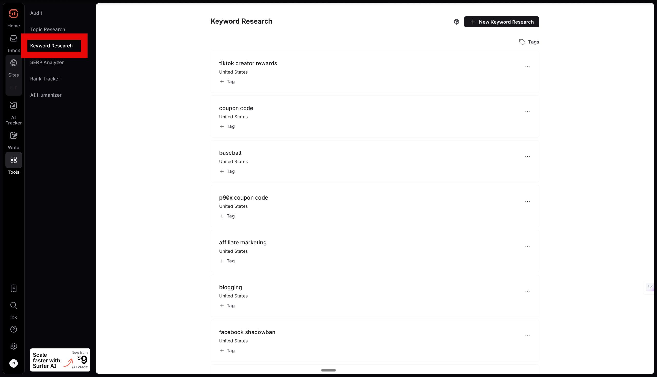 Surfer SEO Keyword Research