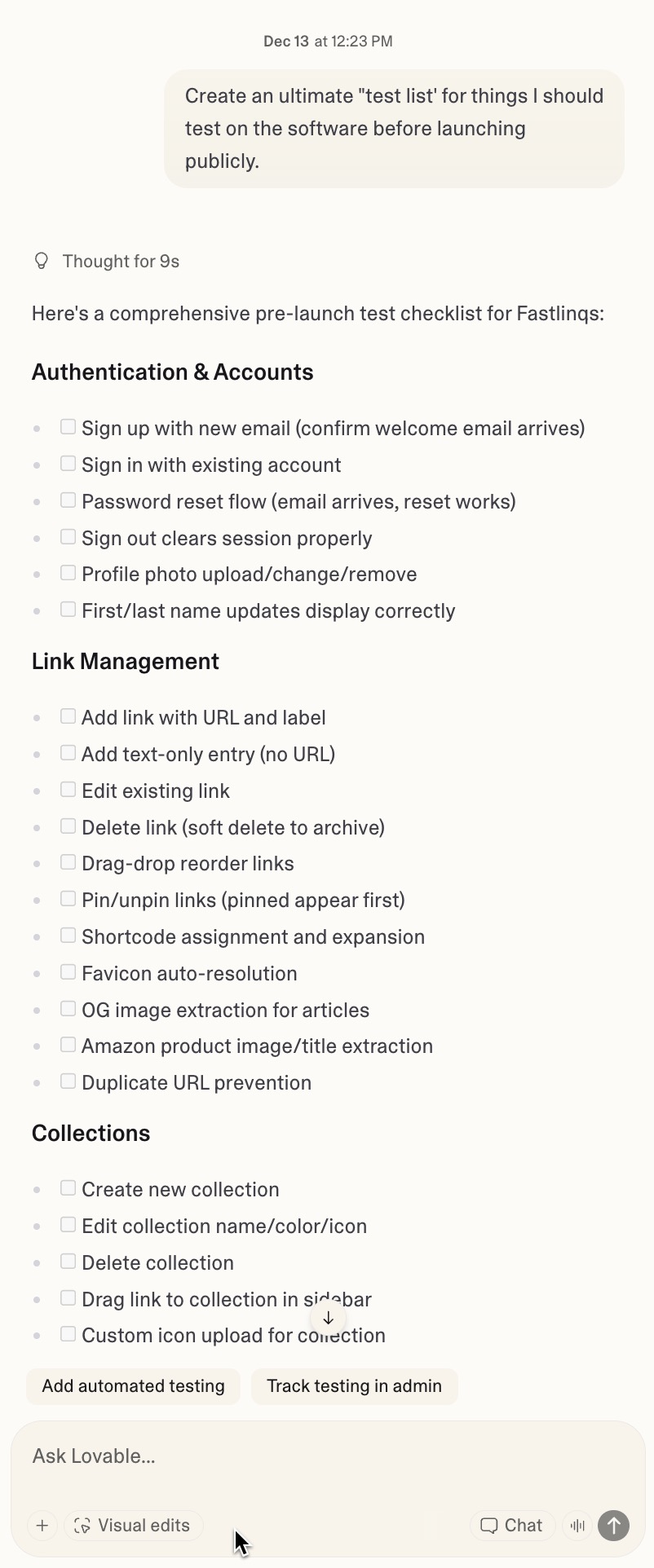 Vibe coding test list Vibe coding test list