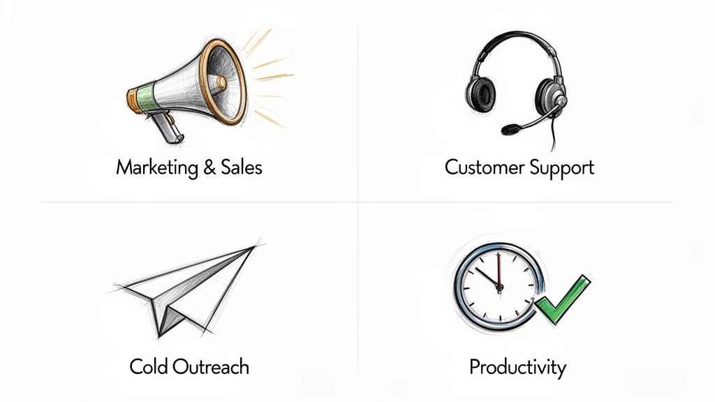 Four hand-drawn sketches representing key business functions: marketing, customer support, cold outreach, and productivity.