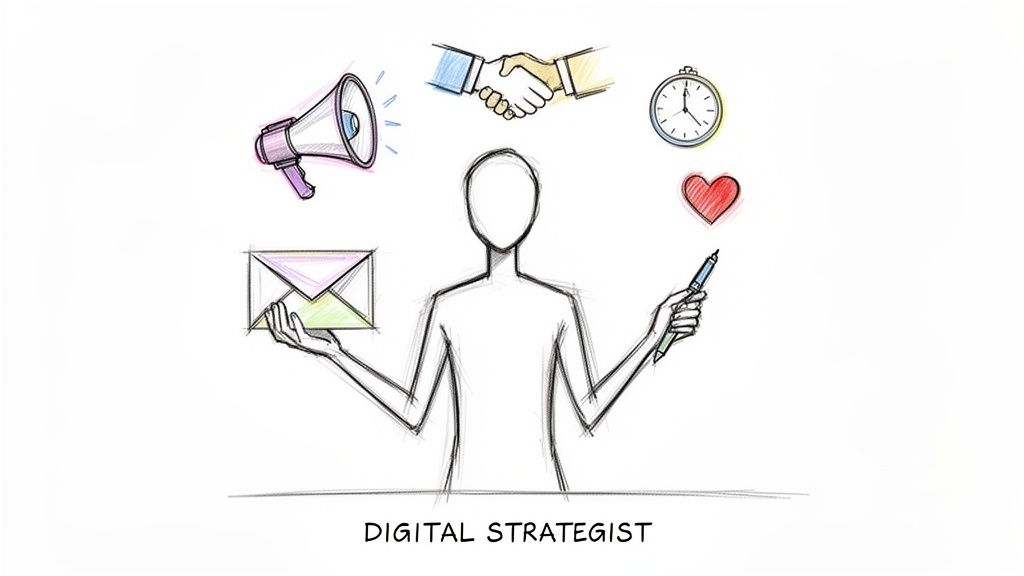 A sketch of a digital strategist balancing various tools like a megaphone, email, handshake, clock, heart, and pen.