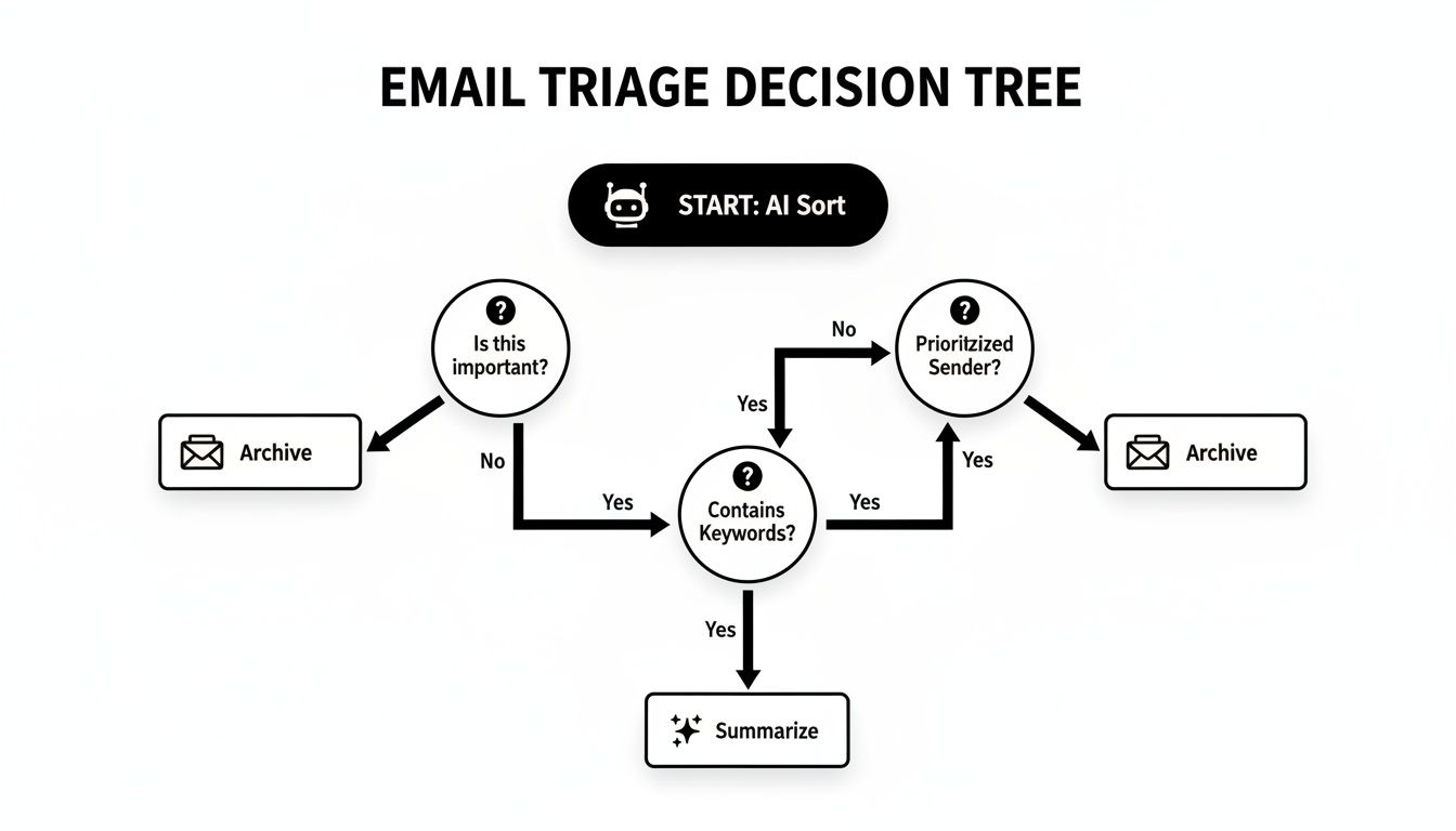 An AI email triage decision tree flowchart showing steps to sort, summarize, or archive emails based on importance, keywords, and sender.