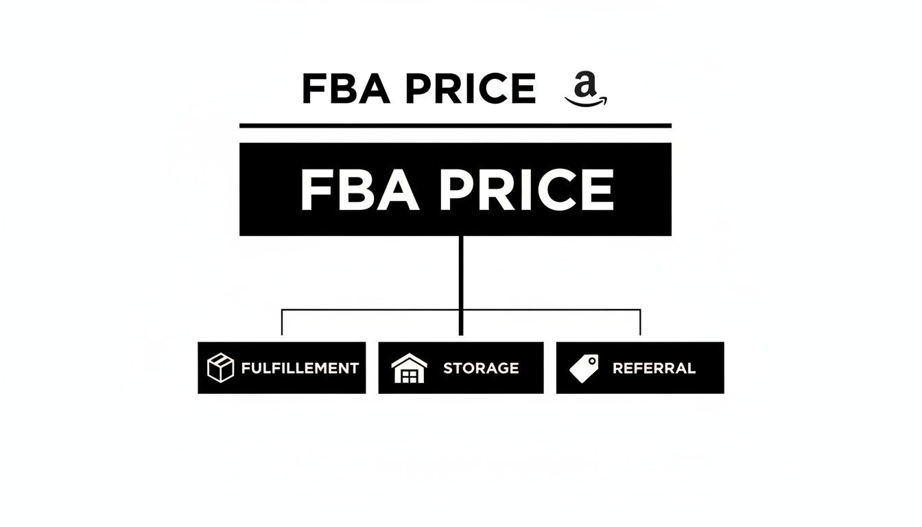 Diagram illustrating Amazon FBA price components including fulfillment, storage, and referral fees for sellers.