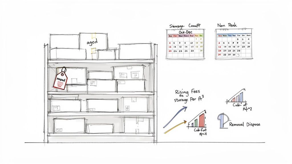 A sketch illustrating storage logistics with shelving, calendars, rising fees, and disposal options.