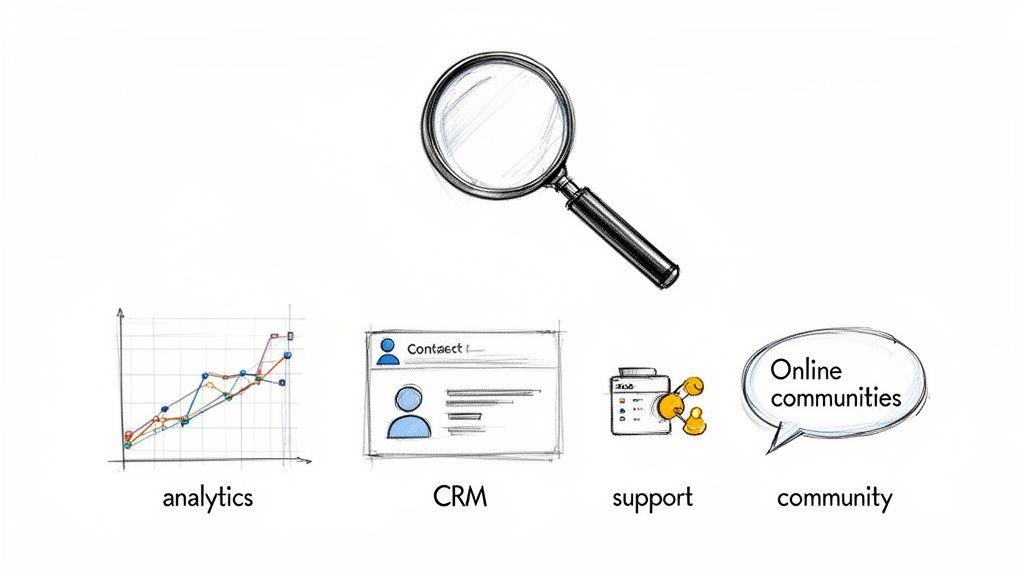 A magnifying glass above icons for analytics, CRM, support, and online communities for customer insights.