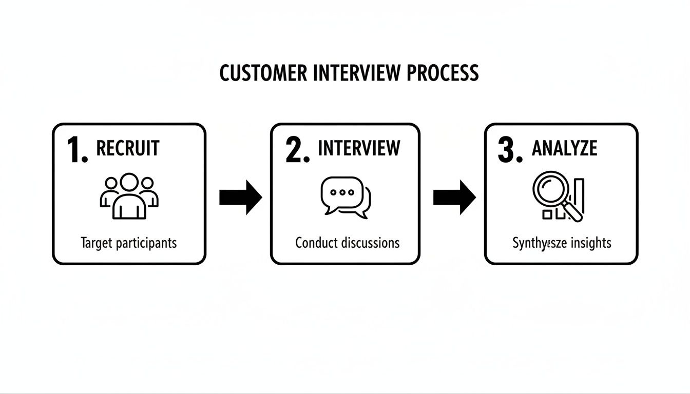 Flowchart showing steps for customer interviews: recruit participants, conduct discussions, synthesize insights.
