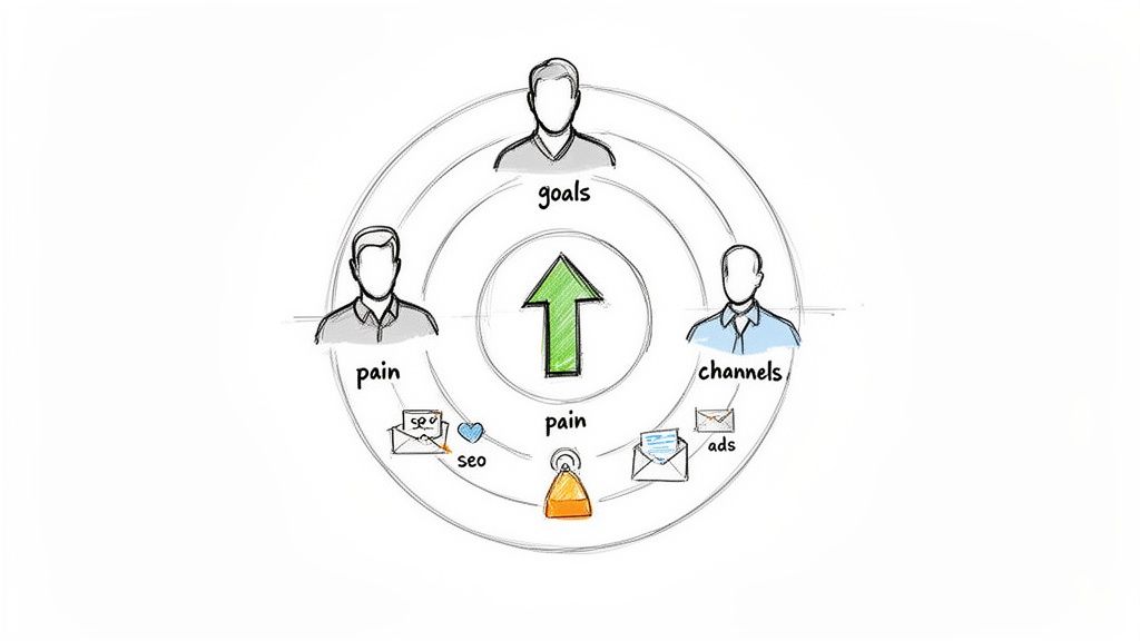 Diagram illustrating customer personas, their pain points, goals, and communication channels via SEO and ads.