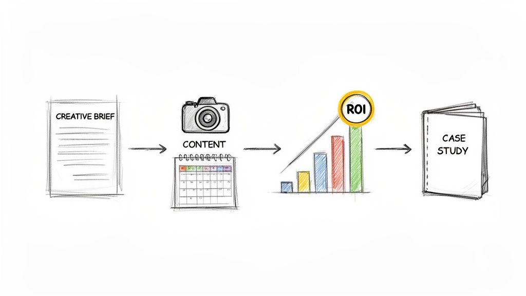 Flowchart illustrating the marketing process from creative brief and content creation to ROI and case study.