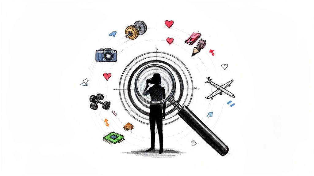 A person looking through a camera viewfinder within a magnifying glass, surrounded by diverse interest icons like travel, fitness, and tech.