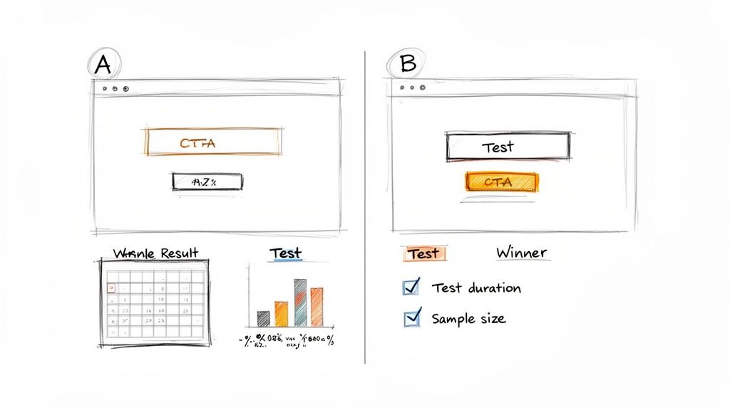 Hand-drawn sketches showing A/B test UI variations (A and B) with results, winner, test duration, and sample size.