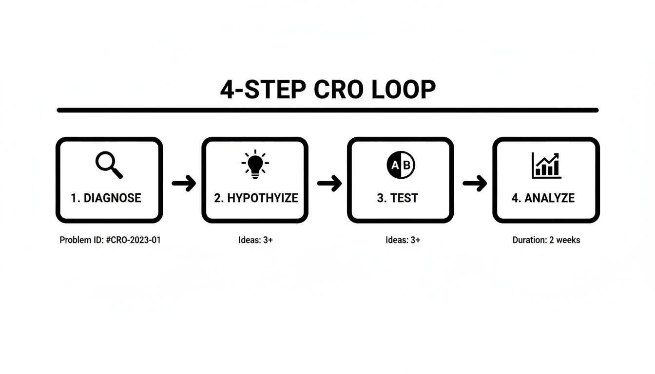 Diagram illustrating the 4-step CRO loop process: diagnose, hypothesize, test, and analyze.