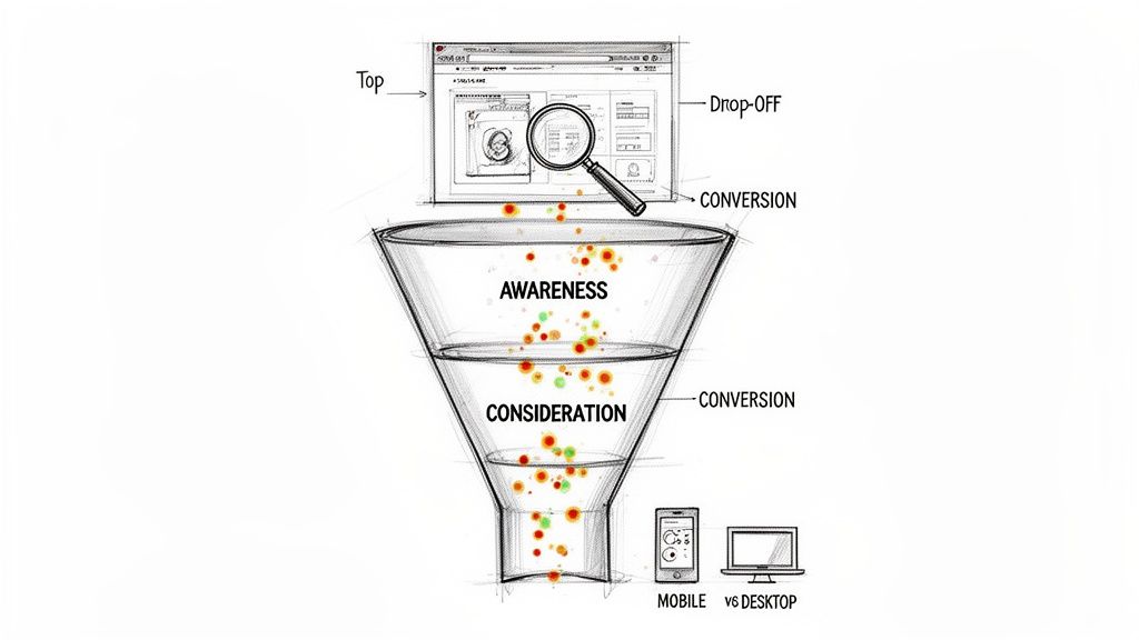 Digital marketing sales funnel diagram showing user journey stages: awareness, consideration, and conversion.
