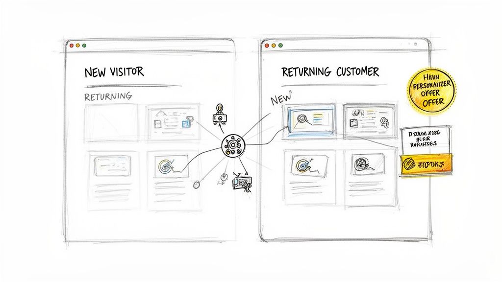 Diagram showing personalized website content and offers for new visitors versus returning customers, driven by a central personalization engine.