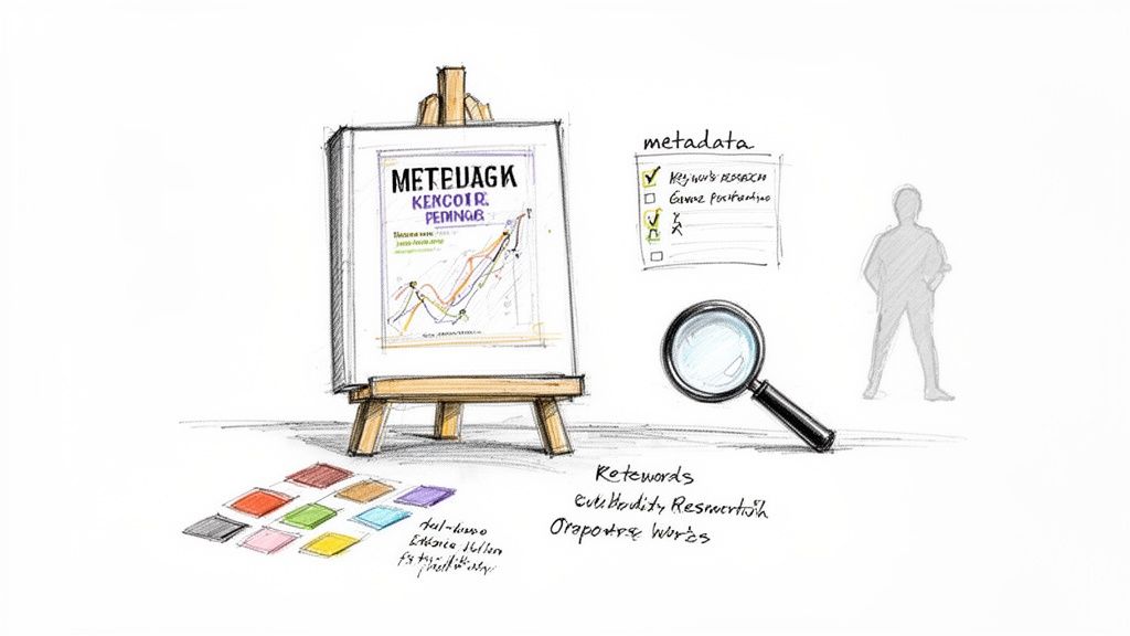 A detailed sketch showing a book cover on an easel, metadata checklist, keywords, and creative tools.