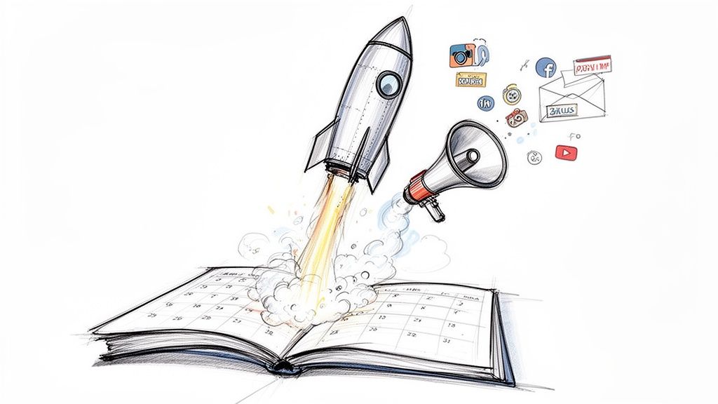 Sketch of a rocket launching from a calendar, surrounded by social media icons and a megaphone for publishing promotion.