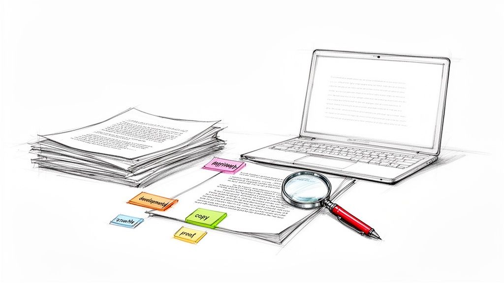 A desk with a stack of documents, a laptop, a magnifying glass, and colorful sticky notes, indicating a document review or publishing process.