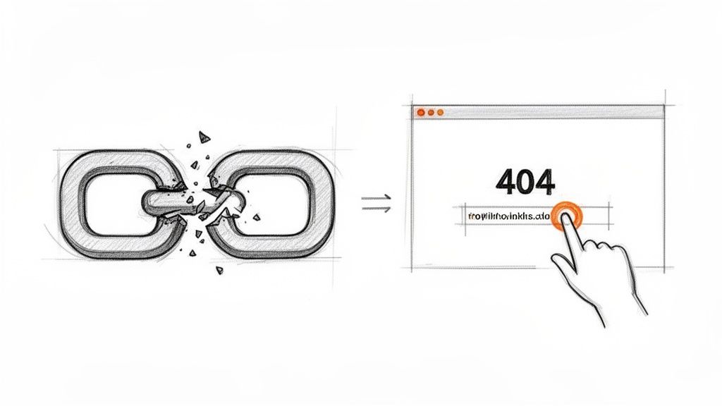 Illustration showing a broken chain link transforming into a browser displaying a 404 error page.
