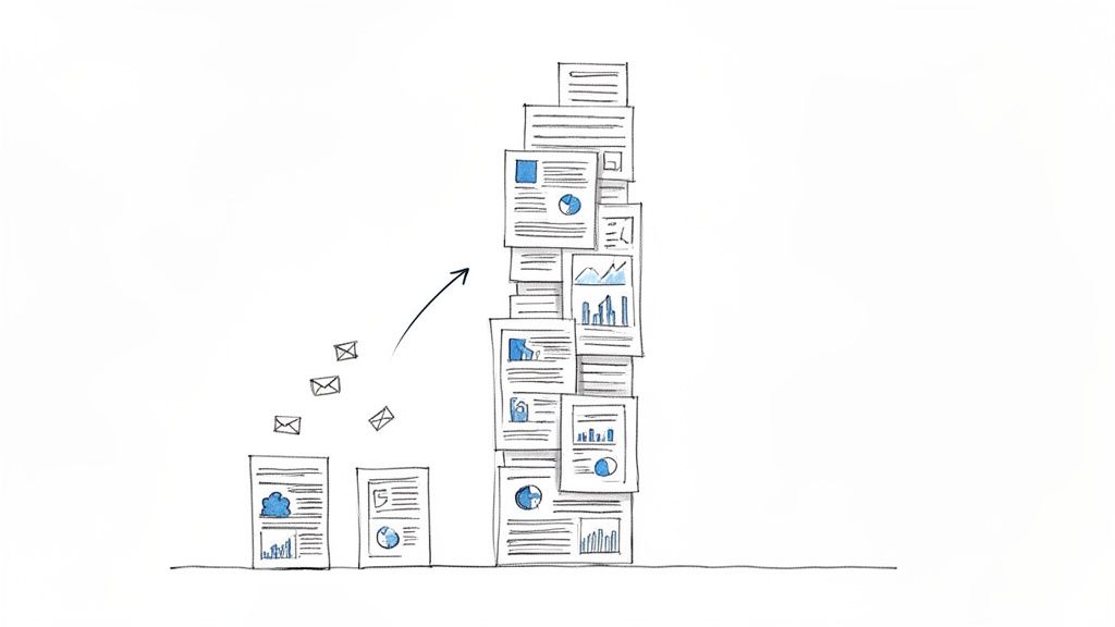 An illustration depicting a growing stack of documents and papers, fed by incoming email messages.