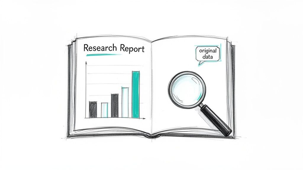 A hand-drawn sketch of an open research report book with a bar chart and magnifying glass examining original data.