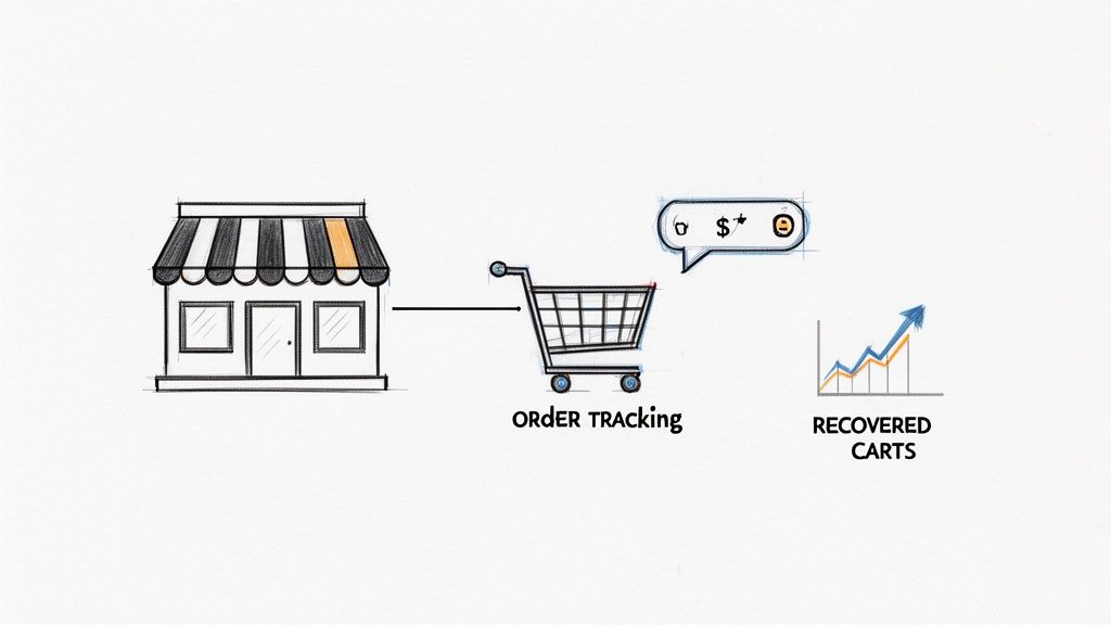 Diagram showing an e-commerce flow from a store, order tracking, notifications, and recovered carts graph.