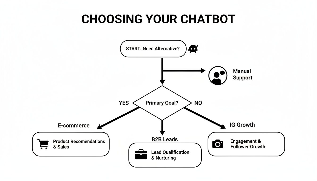 A flowchart guiding the selection of a chatbot based on needs, leading to e-commerce, B2B leads, or Instagram growth applications.