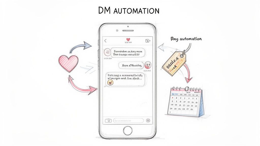 A sketch illustrating DM automation with a smartphone, chat bubbles, a sales tag, a calendar, and arrows.