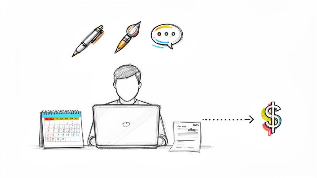 A sketch of a person working on a laptop, surrounded by creative tools and earning money.