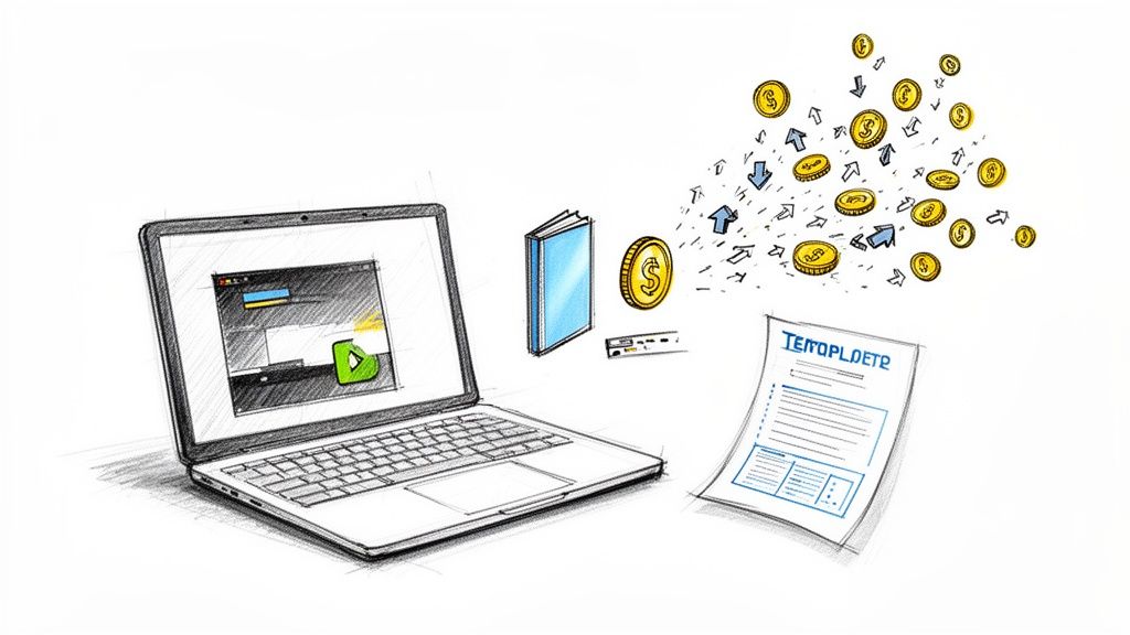 A sketch illustrating a laptop with a video, a book, a document, and dollar coins with arrows, symbolizing online business concepts.