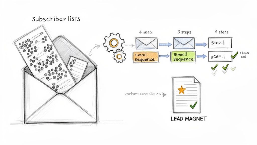 Hand-drawn illustration of an online marketing funnel showing subscriber lists, email sequences, and a lead magnet.