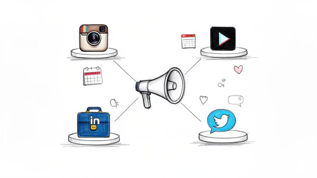 A hand-drawn illustration showing a megaphone connected to Instagram, video, LinkedIn, and Twitter icons, representing social media marketing.