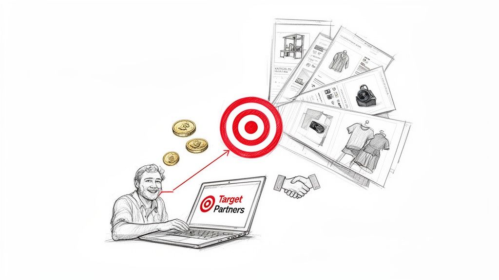 A man uses a laptop with 'Target Partners' logo, earning coins by showcasing products, symbolizing a successful affiliate program.