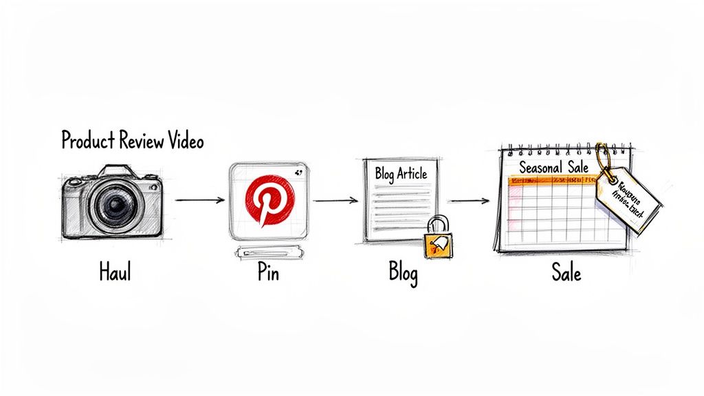 A flowchart showing steps from product review video creation, Pinterest pin, blog article, to a seasonal sale.