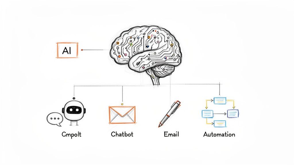 An AI brain diagram connecting to Gmpolt, Chatbot, Email, and Automation applications.