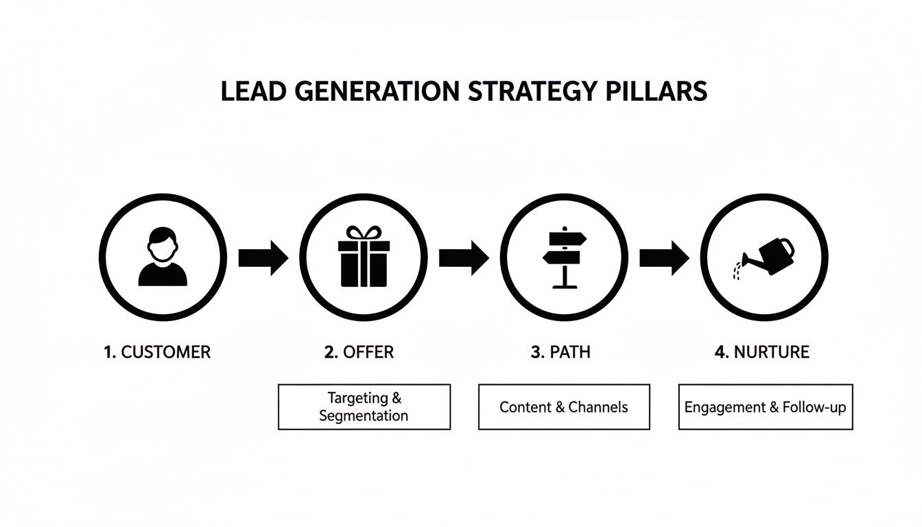 A diagram illustrating the four lead generation strategy pillars: Customer, Offer, Path, and Nurture, with detailed sub-steps.