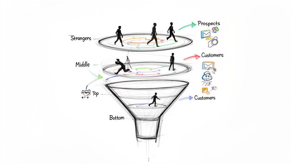 A hand-drawn illustration of a multi-stage marketing funnel, showing customer journey from strangers to customers.