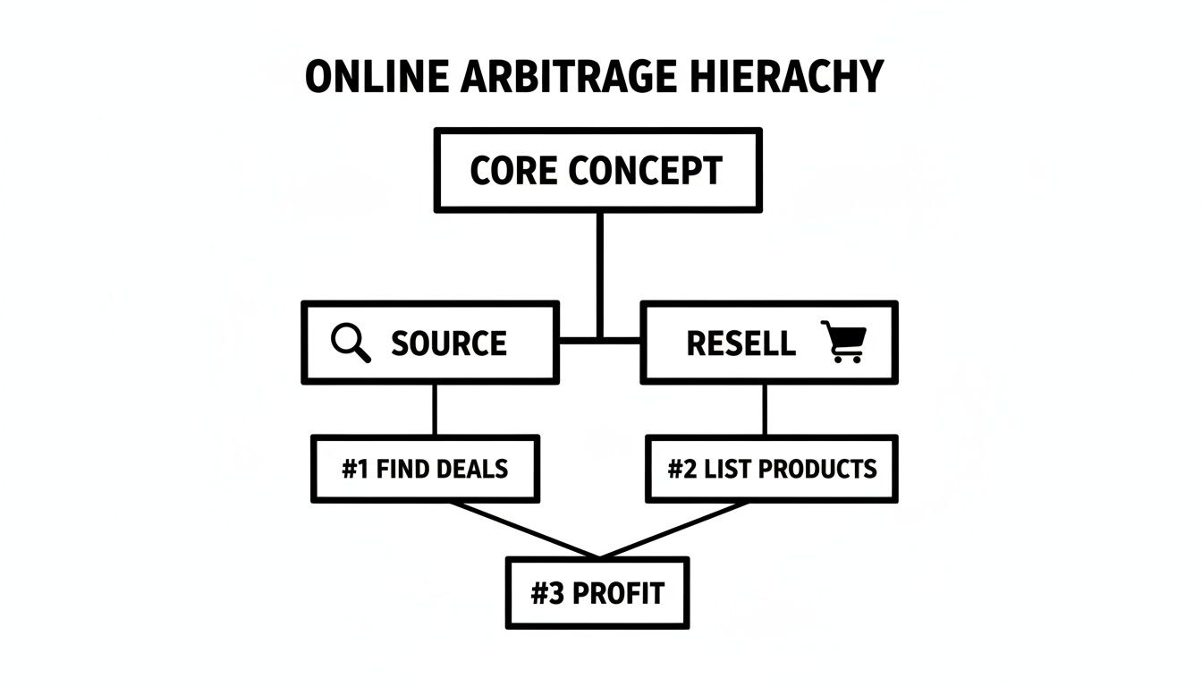 A flowchart detailing the online arbitrage hierarchy, from core concept to finding deals and making profit.