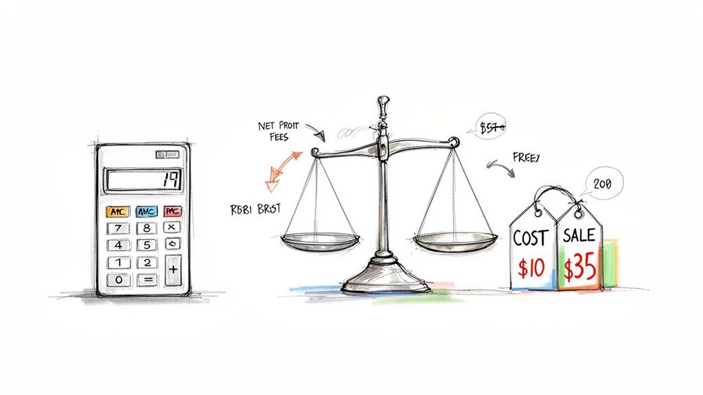 A hand-drawn illustration depicting business finance concepts with a calculator, balance scale, and price tags.