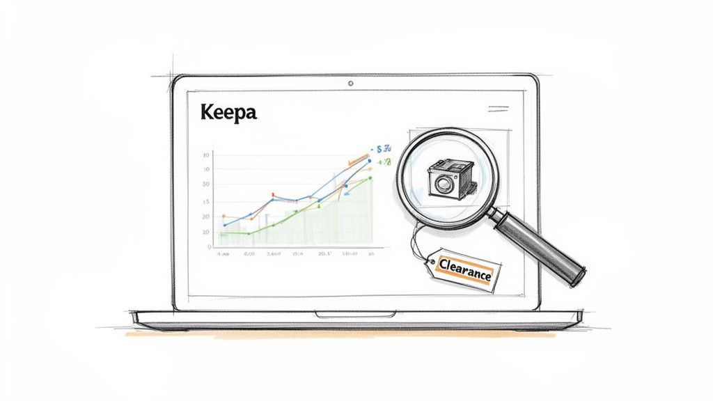 Sketch of a laptop displaying a Keepa price tracking graph, magnifying a washing machine with a 'Clearance' tag.