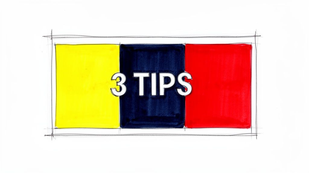 A hand-drawn illustration with three colored blocks: yellow, blue, and red, with white text '3 TIPS'.